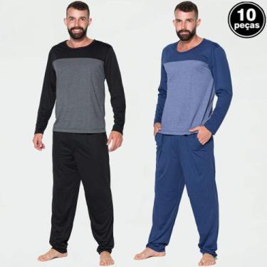 Imagem de Kit 10 Pijamas Inverno Masculino Longo Bicolor Calça e Blusa - WLS Mod