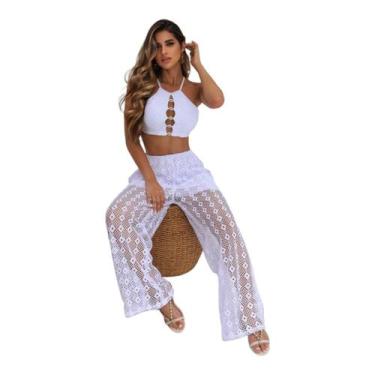 Imagem de Conjunto Saida de praia cropped e calça - CHARM MODELL, Branco, UN