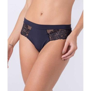 Imagem de Calcinha fio dental de renda e microfibra, com cós duplo e detalhe no bumbum