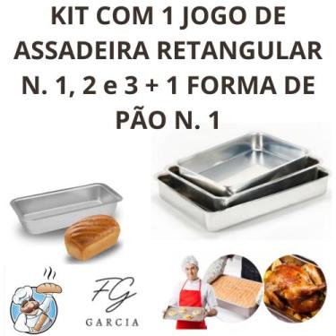 Imagem de Kit de 1 jogo de assadeira retangular n. 1, 2 e 3 + 1 forma de pão n. 