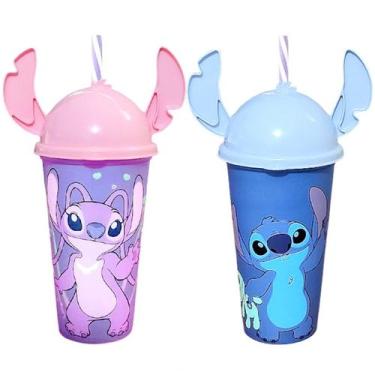 Imagem de 2 Copos Stitch e a Namorada Angel Rosa Infantil Orelhas 500ml Original