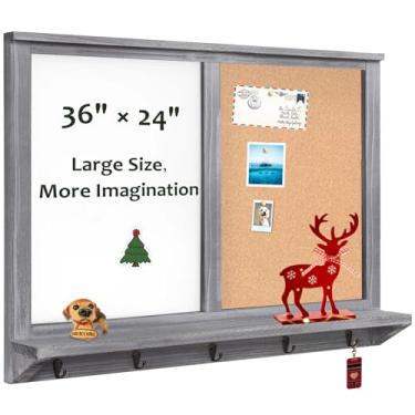 Imagem de TORASO Quadro apagável a seco e quadro de cortiça, quadro branco e quadro de avisos, classificador de correio montado na parede e ganchos para chave, moldura cinza vintage de madeira de pinho maciça