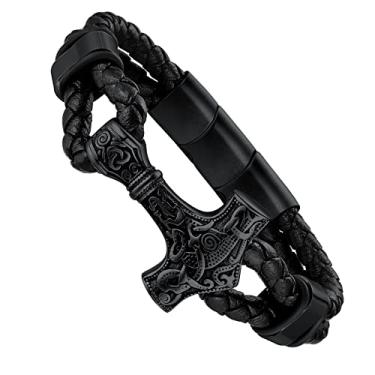 Imagem de FaithHeart Pulseira Viking para homens e mulheres, runa de aço inoxidável/martelo de Thor/lobo/pulseiras de nó celta personalizável, 19 centimeters, Couro, Sem Pedra Preciosa