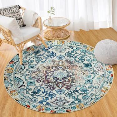 Imagem de Easy-Going Tapete redondo de 0,9 m, lavável, boêmio, pequeno, círculo, tapete para sala de estar, antiderrapante, tapete de pelo baixo, leve, medalhão envelhecido, para sala de jantar, cozinha,
