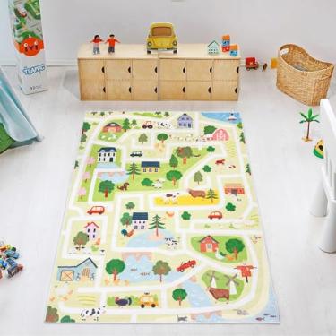 Imagem de Lacomfy Tapete infantil 3x5 animais fazenda tapete de carro de estrada para sala de jogos, sala de aula, tapete educativo infantil antiderrapante, fazenda para quarto de bebê, verde