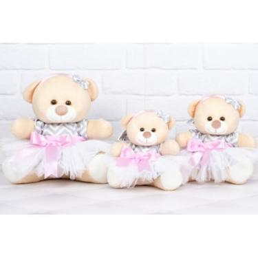 Imagem de TRIO DE URSO TEDDE BAILARINA 15/18/22 CM, PARA DECORAÇÃO (chevron cinza com rosa - Pelúcia Doce de Leite)