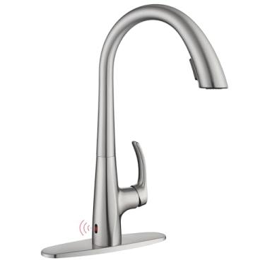 Imagem de JXMMP Torneira de pia de cozinha sem toque, torneira de cozinha com sensor de movimento inteligente ativado por níquel escovado, alça única, torneira mãos livres de aço inoxidável com pulverizador