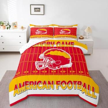 Imagem de Feelyou Jogo de cama casal de futebol americano, jogo de rúgbi, para crianças, adultos, conjunto de edredom com capacete de futebol americano, vermelho, amarelo, 3 peças