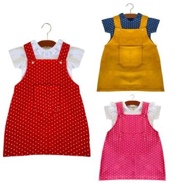 Imagem de Salopete Conjunto Jardineira Vestido Saia Malha 100% Algodão para Bebê