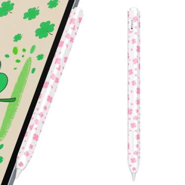 Imagem de AZF Estojo de lápis padrão espinha de peixe para Apple Pencil 2ª geração, aderência confortável, capa lateral fina de silicone, suporte para fixação magnética. (rosa, trevo de quatro folhas)
