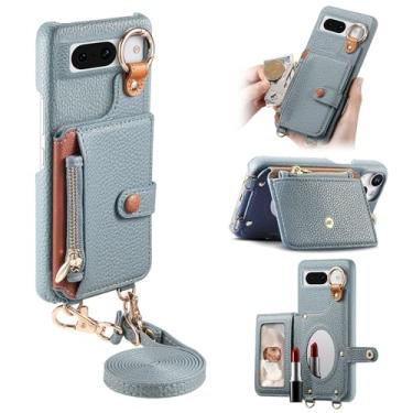Imagem de Capa de celular tipo carteira transversal removível durável para Google Pixel 8A, bolsa com zíper, suporte de anel, espelho integrado, compartimento para cartão, suporte multiângulo em elegante capa