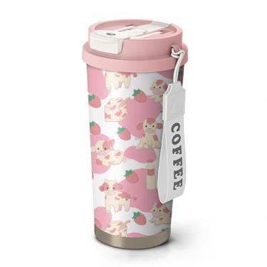 Imagem de Xchearser Caneca de café de vaca fofa de 510 g com tampa e canudo, garrafa de água isolada de aço inoxidável rosa com alça, presentes para mulheres amantes de animais