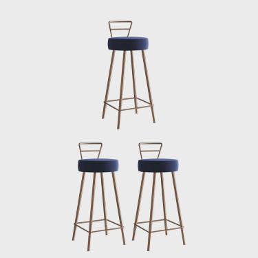 Imagem de Kit 03 Banqueta Alta Com Encosto Tina Eiffel Cozinha Bar Bistrô Ferro Bronze Sintético Azul Marinho - Ahz Móveis