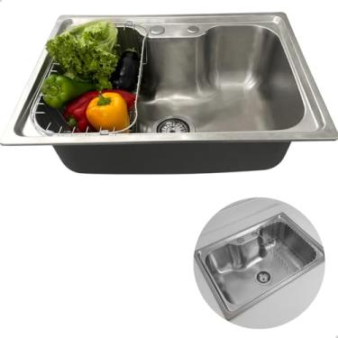 Imagem de Dona D Cor, Cuba Inox Escovado 60x42 Para Pia Cozinha Gourmet Com Cesto Escorredor Cuba De Embutir ou Sobrepor Bancada Granito Marmore