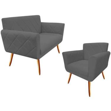 Imagem de Kit Namoradeira + 1 Poltrona Decorativa Sabrina Suede Cinza Pés Madeir