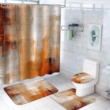 Imagem de Conjunto de 4 peças de cortina de chuveiro, cortina de chuveiro rústica vintage laranja marrom cinza abstrato com tapetes e acessórios, com tapetes antiderrapantes, tampa de vaso sanitário e tapete de