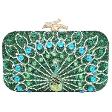 Imagem de MAIRLOM Bolsa clutch com strass para mulheres, noite, casamento, formal, - bolsa de mão redonda com fecho de pérola - Bolsa de diamante de cristal, Verde pavão quadrado
