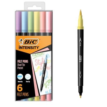 Imagem de BIC Canetas de Feltro Intensity, Pacote com 6, Ponta Dupla e Pincel, Pastel, Para Adultos
