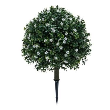 Imagem de Conjunto de 2 peças de cipreste artificial com ponta do chão, varanda artificial com perenes falsas, plantador externo, proteção UV, vaso de plantio artificial, bonsai de cedro buxo (Style012#)