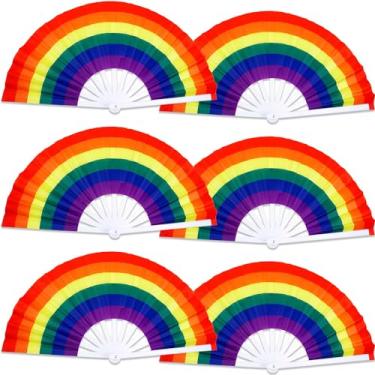 Imagem de Temogole Pacote Com 6 Grandes Fãs De Arco-Íris, Leques Mão, Gays, Festival Do Mês Orgulho, Dobráveis, Decorações Lgbtq, Mão Para Rave Verão Mulheres E Homens, Branco