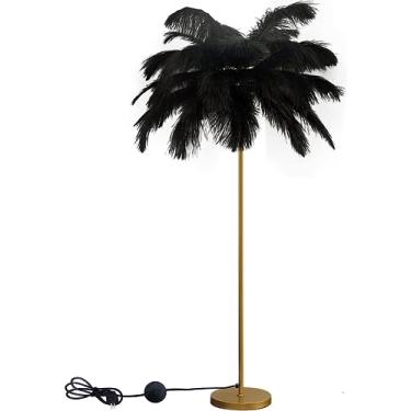 Imagem de Luminária de chão de penas de avestruz natural, luminária de chão dourada regulável moderna, luminária de pé de pena de árvore de latão, luminária de chão de penas brancas para quarto, sala de estar