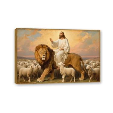 Imagem de SDYJ6GSW Arte de parede em tela Jesus e leão Jesus montando o leão cordeiro impressão catedral religiosa cristianismo imagem decoração de parede para sala de estar 30 x 20 cm (12 x 8 pol) moldura teca