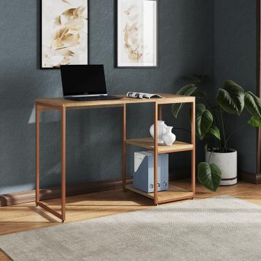 Imagem de Mesa Escritório Berlim Industrial com Prateleira Ferro Cobre Tampo 110x46 Freijó