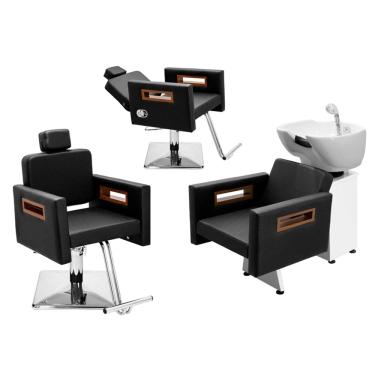 Imagem de Kit Salão de Beleza 1 Cadeira Fixa + 1 Reclinável Quadrada + 1 Lavatório Tunísia