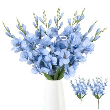 Imagem de ICBOX 2 pacotes de flores artificiais de gladíolo, 10 cabeças de 67 cm, flores azuis claras, flores de gladíolo falsas para centros de mesa de casamento, decoração de festa em casa (azul claro)