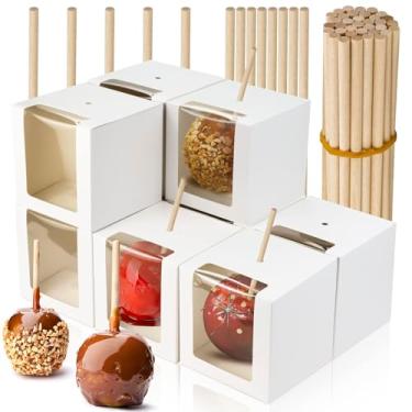 Imagem de BadenBach Pacote com 40 caixas de maçã Kraft Candy com furo e bastão, 10 x 10 x 10 cm, caixas de presente de chocolate com caramelo e bolinho de maçã cristalizadas com janela transparente para Natal, casamento, festa, chá de bebê (branco)