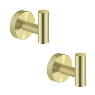 Imagem de Conjunto de banheiro dourado escovado - porta-papel, toalheiro e saboneteira | 5 acessórios de aço inoxidável, 2 ganchos para roupas