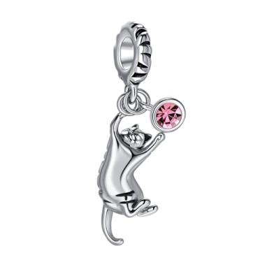 Imagem de MiiFort Berloque de gato malhado para brincar compatível com pulseiras Pandora com pedras de nascimento rosa de outubro, gengibre, gatos, amantes, mulheres, aniversário