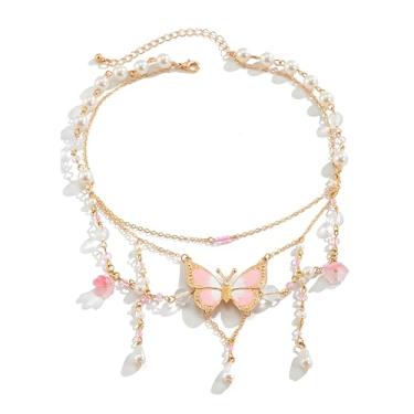 Imagem de WCRAZYE Colar com pingente de borboleta de fada para pingente Y2K com pingente de coração e borboleta borla feminina boêmia, bijuteria, Medium, Liga de aço, Zircônia cúbica