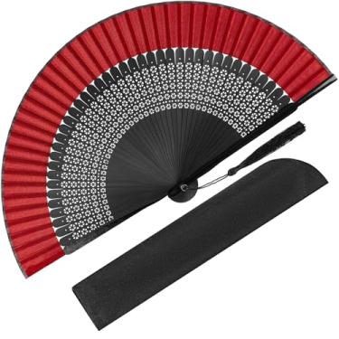 Imagem de BAICFQUK Ventoinhas de mão para mulheres, dobrável, leque portátil, chinês, japonês, vintage, bambu, seda, leque dobrável para presente de festival de música de dança (vermelho-preto)