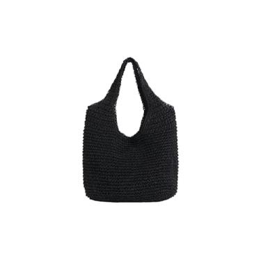 Imagem de SHAREYOIU Bolsa feminina de palha, bolsa de ombro de vime, bolsa de praia com alça superior e cor doce, Preto