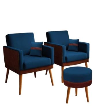 Imagem de Kit 02 Poltronas para Sala Decorativa Lis com Almofada e Puff Redondo Corino Peroba e Suede Aninha Decor (Azul Marinho)