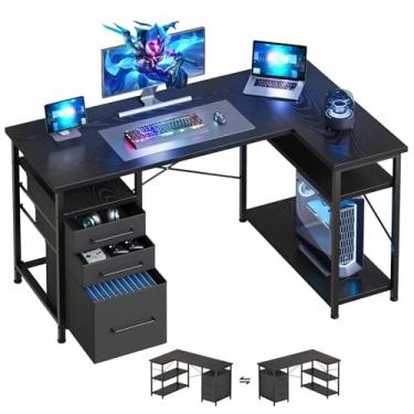 Imagem de Maihail Mesa de computador de 119 cm com gavetas, mesas para quartos, escrivaninha com armazenamento, mesa de trabalho para espaços pequenos, preta