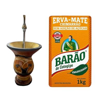 Imagem de Kit Chimarrão Cuia Artesanal em Cerãmica Marrom + Bomba De Chimarrão Ferro Com Anel 25cm + Erva Mate Tradicional Barão de Cotegipe 1kg