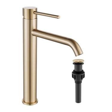 Imagem de Torneira de vaso de banheiro com um furo em ouro escovado, 28,3 cm de altura Torneira de pia Bwol de aço inoxidável com ralo pop-up Torneira misturadora de lavatório Mangueira de abastecimento de água