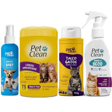 Imagem de Kit Higiene Completo para Gatos, Banho a Seco Gatos, Talco, Lenço Umedecido, Perfume Pet Clean (Baby)