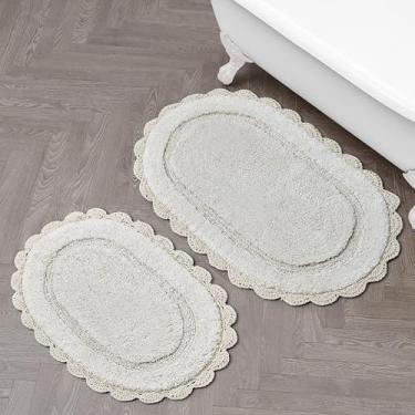 Imagem de Laura Ashley Eloise Tapete de banho oval 100% algodão conjunto de 2 peças com borda de crochê, macio e absorvente, areia bege 43 x 61 cm/50 x 81 cm tapetes de banheiro