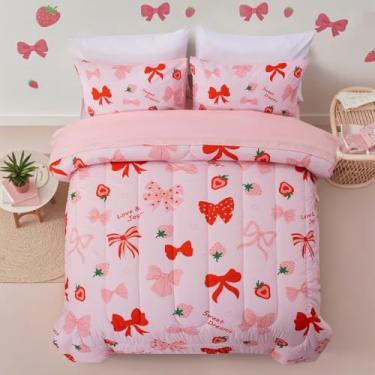 Imagem de Btargot Conjunto de 5 peças de edredom de gravata borboleta blush para meninas, meninos e crianças, conjunto de cama casal com desenho de morangos, corações de amor, cama em uma bolsa com edredom