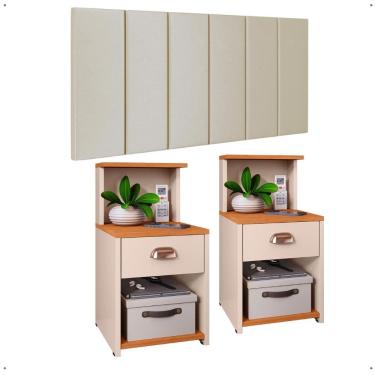 Imagem de Kit 2 Mesinhas Cléo Retrô Nicho Gaveta Puxador Lauren Cabeceira Suspensa Modular Júlia Box Casal 1,40 Quarto - RPM