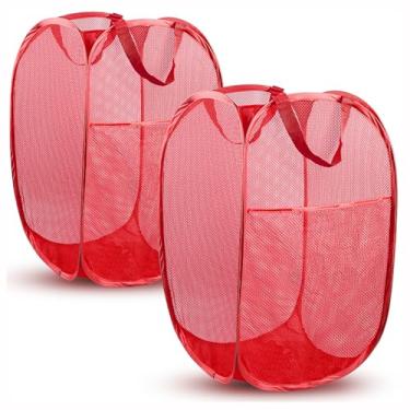 Imagem de DUCOO Cesto pop-up, 2 peças de cesto de roupa suja dobrável de malha, cesto de roupa suja de malha dobrável com design de economia de espaço para casa, dormitório, viagem e armazenamento, vermelho