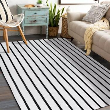 Imagem de Tapete De Sala Mandacaru 1,50 X 3,00 Algodão Lavavel em Maquina Cru Com Listras Preto