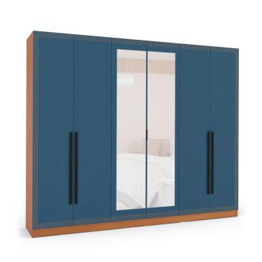 Imagem de Guarda-Roupa Casal com Espelho Valência 6 Portas 4 Gavetas Freijó e Azul