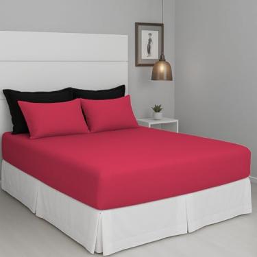 Imagem de Jogo de Lençol Cama Casal Pérola Liso 3 Peças COZZILAR Vermelho 100% Algodão com Elástico e Toque Macio