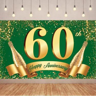 Imagem de Pano de fundo de feliz aniversário de 60 anos verde e dourado de 1,8 m x 9 m, decoração de festa de aniversário, decoração de festa de casamento, pano de fundo de fotografia Miss to Mrs