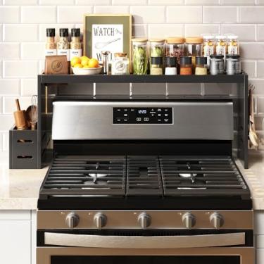 Imagem de MAICHUAN Prateleira de fogão de bambu com forro de cozinha de EVA, 78,7 cm sobre a prateleira do fogão, suporte de talheres e 6 ganchos, para armazenamento de cozinha na parte de trás do fogão (preto)