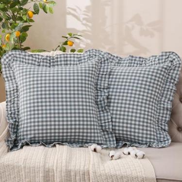 Imagem de YHJWW Capas de almofada Blue Gingham 100% algodão lavado, como linho, macio, confortável, com babados, fazenda, conjunto de 2 fronhas para sofá-cama (50 x 50 cm, fecho de zíper